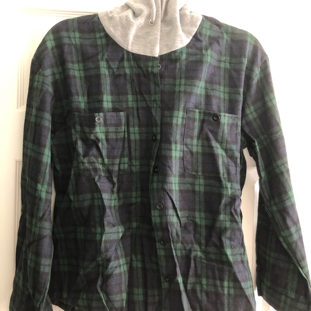 Hooded blue and green plaid shirt